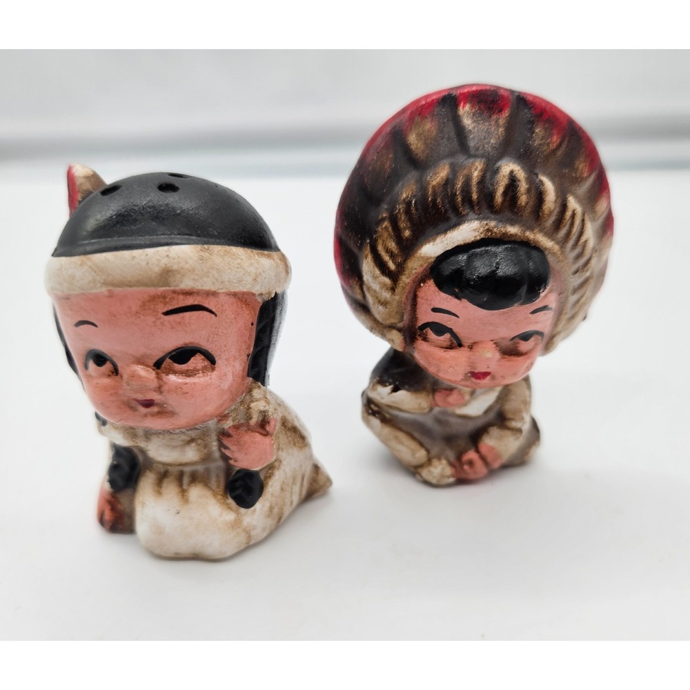 Vintage Native American Boy and Girl‎ Salt and Pepper Shakers Ceramic Set 2.5in